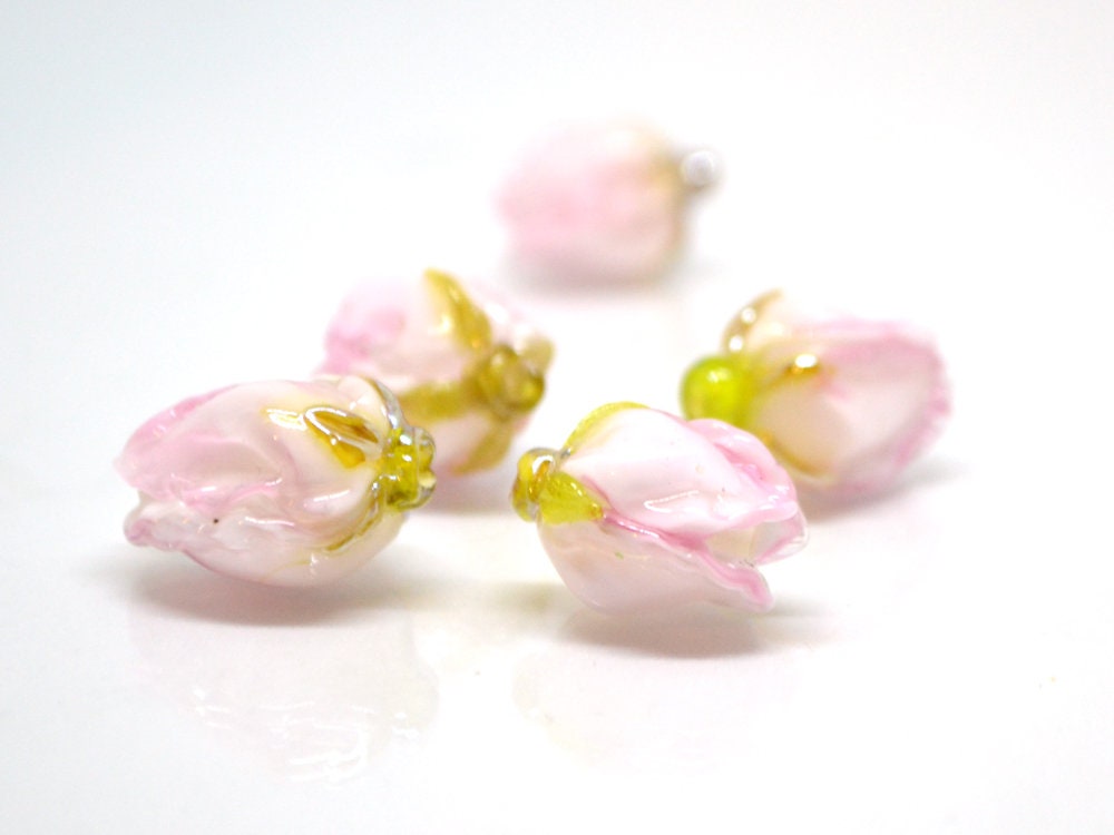 White pink flower lampwork bud beads, Handmade lampwork, Floral lampwork, Made to Order