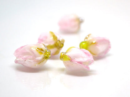 White pink flower lampwork bud beads, Handmade lampwork, Floral lampwork, Made to Order