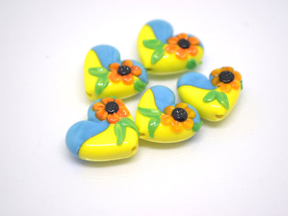 Yellow Blue Glass Heart, Lampwork Heart pendant, Heart with Sunflower, Ukraine symbol, Handmade lampwork, Stand with Ukraine
