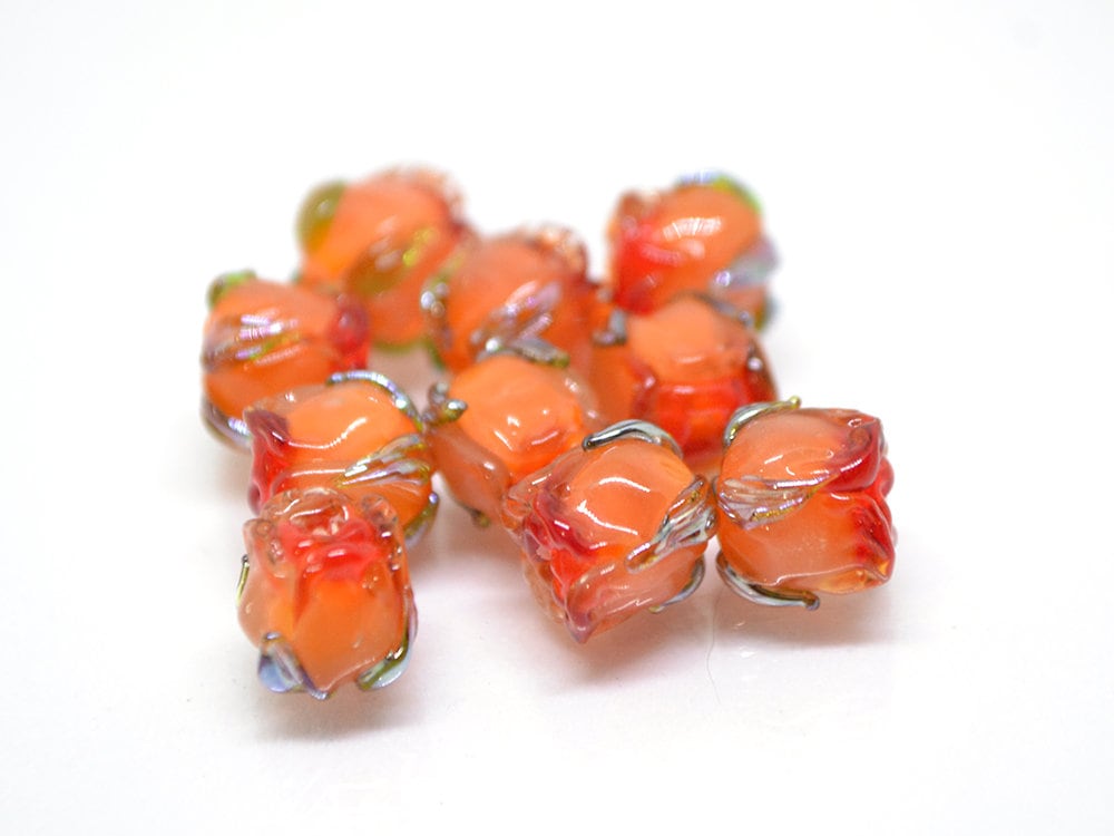 Small 7mm Orange rosebud beads, Rose glass beads, Floral lampwork, Orange glass beads, Handmade Lampwork