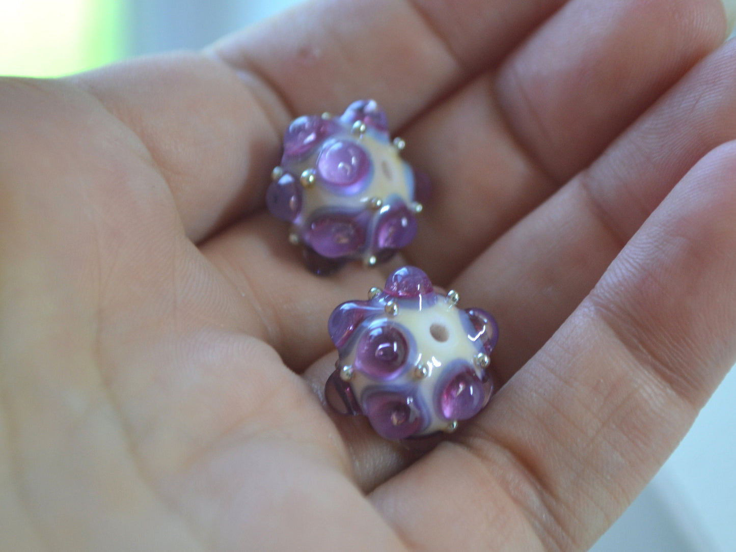 Lavender handmade glass bead, 10mm glass beads, White Purple lampwork, Artisan lampwork, Beads for bracelet, Jewelry beads