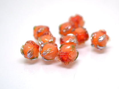 Small 7mm Orange rosebud beads, Rose glass beads, Floral lampwork, Orange glass beads, Handmade Lampwork