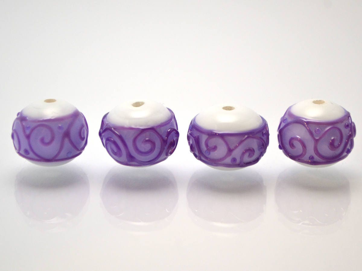 white purple lampwork glass rondelle bead handmade artisan lampwork bead set jewelry making earrings violet curl texture swirl carved beads