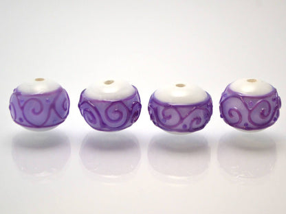white purple lampwork glass rondelle bead handmade artisan lampwork bead set jewelry making earrings violet curl texture swirl carved beads