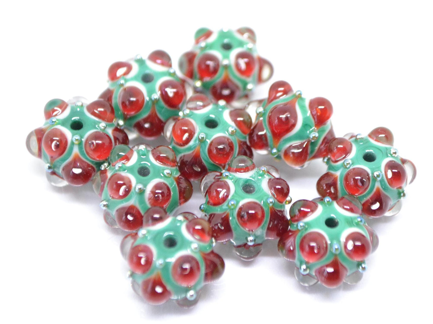 Red Green Lampwork bead, Red dots glass beads, Green lampwork beads, Rondelle beads with dots, Artisan lampwork, Handmade bead