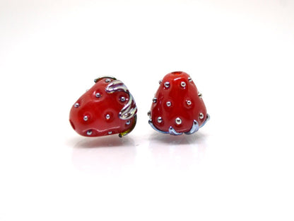 Big 12mm Strawberry lampwork beads, Red glass berry, Glass strawberry, Berry fruit beads, Red silver berry beads