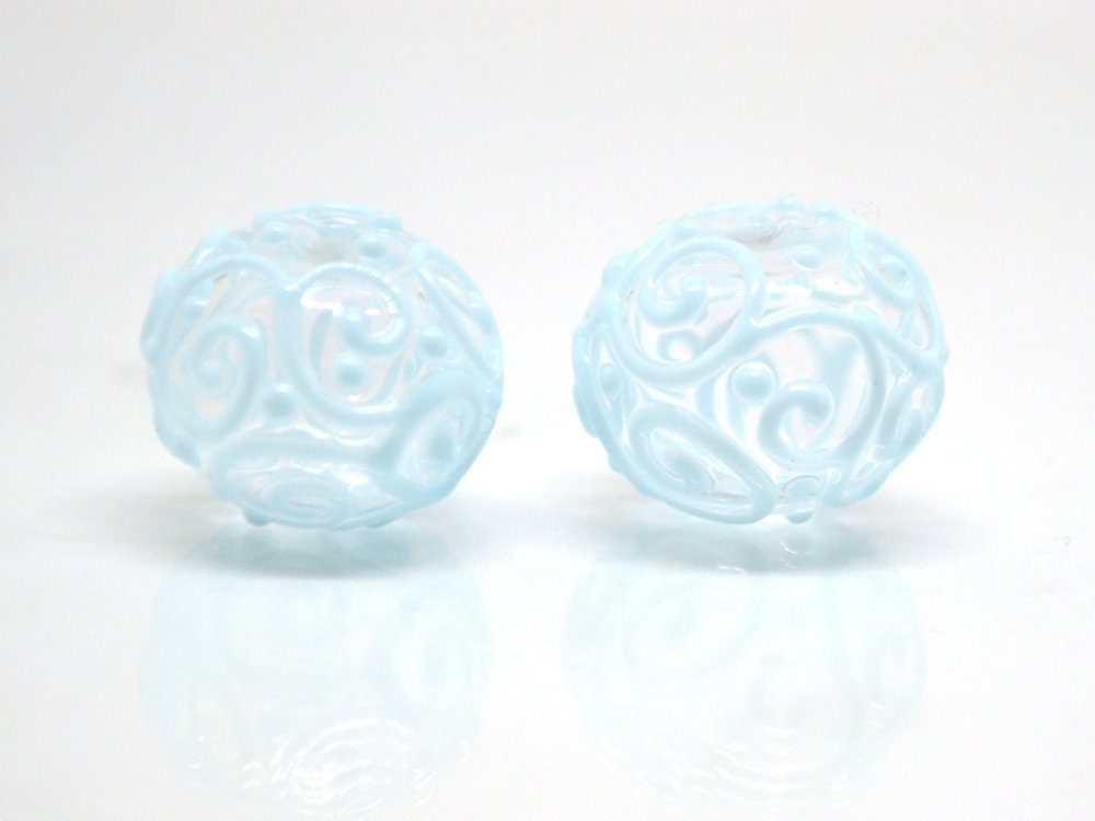 Clear hollow glass beads with blue curls, Artisan lampwork beads, Winter glass beads, Snow design beads, Snow jewelry making