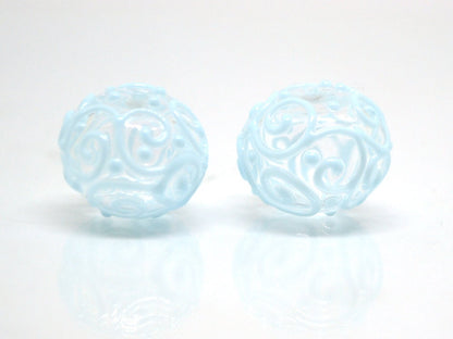 Clear hollow glass beads with blue curls, Artisan lampwork beads, Winter glass beads, Snow design beads, Snow jewelry making