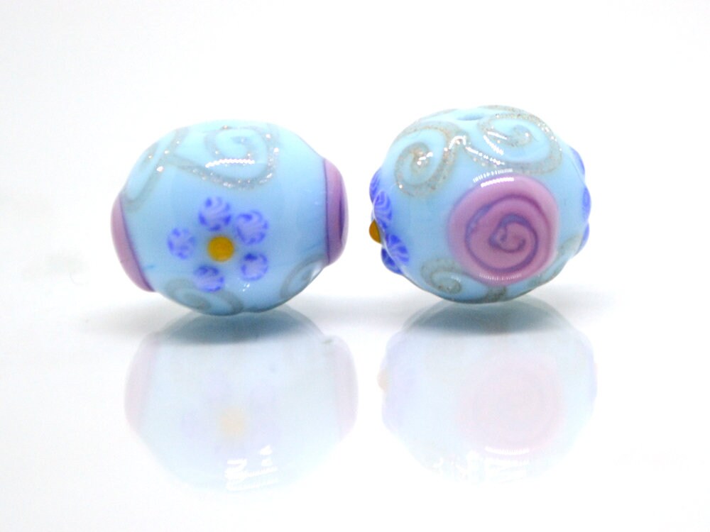 Venetian glass beads - Sky blue handmade beads with pink flowers and gold swirl, Artisan Lampwork Vintage glass bead Rondelle Jewelry making