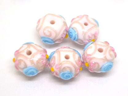 white murano glass lampwork, ethnic beads with flowers and curles, jewelry making venetian italian handmade beads