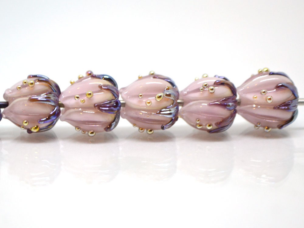Pale pink glass flower beads purple leaves gold dew, Artisan lampwork, 10mm flower bead, Pastel pink, Floral glass beads, Flower spacer bead