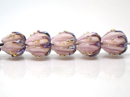 Pale pink glass flower beads purple leaves gold dew, Artisan lampwork, 10mm flower bead, Pastel pink, Floral glass beads, Flower spacer bead