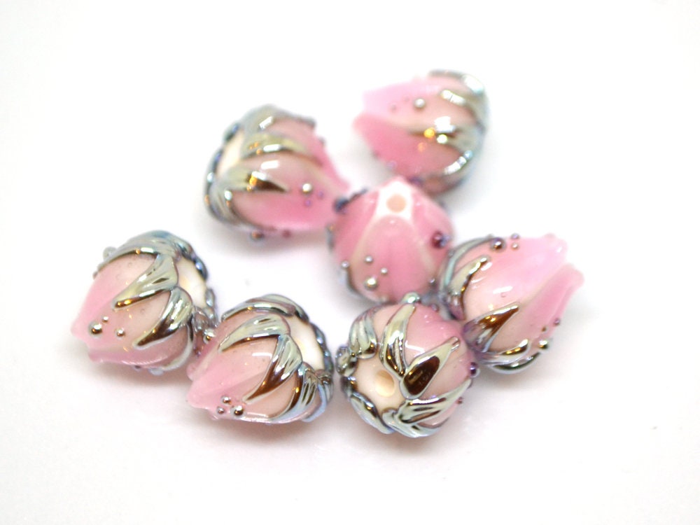 Tender Pale pink glass flower beads gold leaves, Artisan lampwork, 10mm flower bead, Pastel pink beads