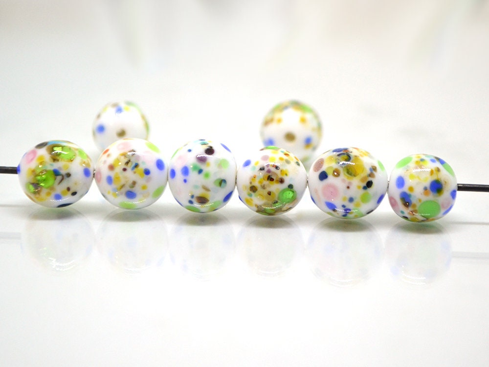 Colorful dots on white murano glass beads, Rainbow glass beads, Ethnic beads, Venetian style beads, Handmade beads, Artisan lampwork