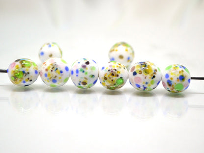 Colorful dots on white murano glass beads, Rainbow glass beads, Ethnic beads, Venetian style beads, Handmade beads, Artisan lampwork