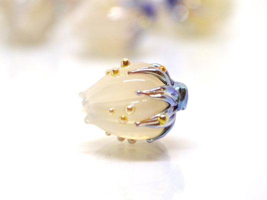 White opaque flower beads, White purple gold lampwork beads, Floral lampwork, White milk beads