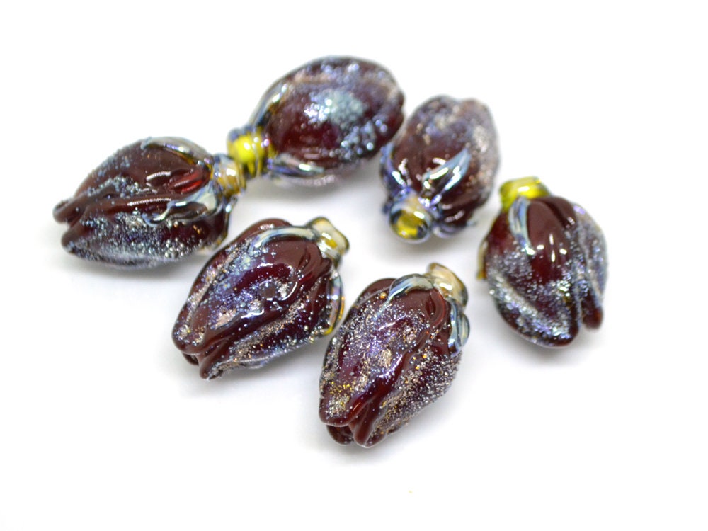 Dark Red rose bud beads, Lampwork Rose Bead, Floral lampwork beads, Focal lampwork beads, Sparkle lampwork, glitter