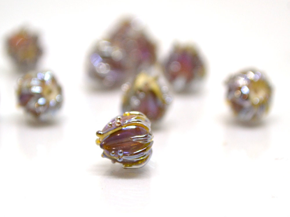 Lavender pink gold flower beads, 7mm glass beads, Tiny flower beads, Sparkle floral beads, Artisan lampwork beads, Lampwork bead set