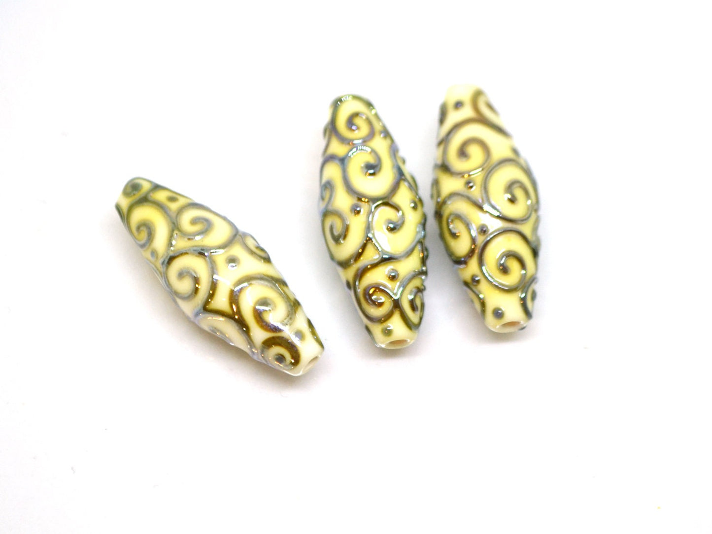 Ivory rhombus focal beads with gold curls, White milk glass beads, Mirror effect beads, Artisan lampwork