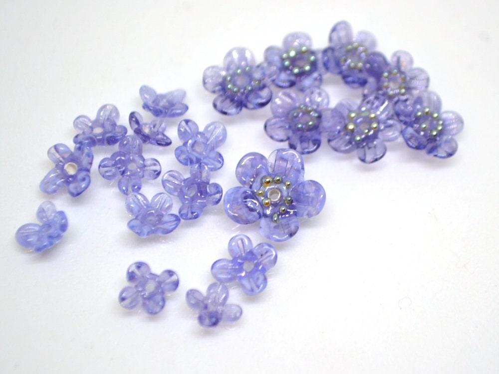 Purple glass beads, Transparent flower beads, Spring flower beads, Floral Bead set, Floral lampwork bead, Mini floral bead, Artisan Lampwork