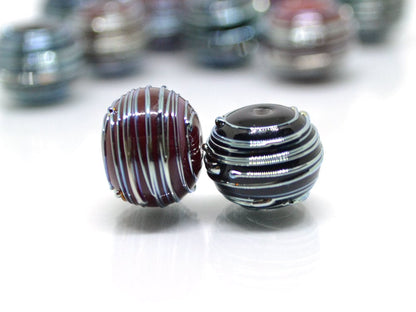 Black Red lampwork Handmade Beads, Stripes beads, Silver Stains beads, silver patterns, electric beads