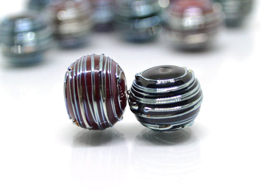 Black Red lampwork Handmade Beads, Stripes beads, Silver Stains beads, silver patterns, electric beads