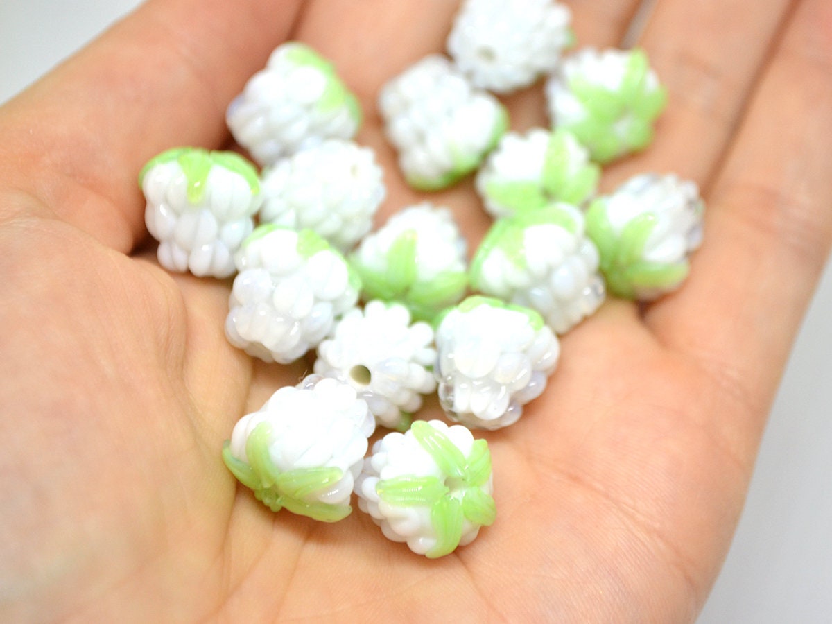 White lampwork raspberry, White glass berries, Berry jewelry making, Lampwork raspberries, Berry fruit beads, White Raspberry green leaf