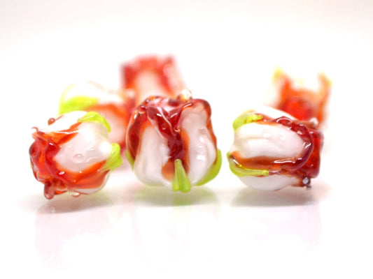 Red white rosebud beads, Red floral lampwork, Lampwork Earrings DIY, Glass rose beads, Spring lampwork, SRA beads, Lampwork pair