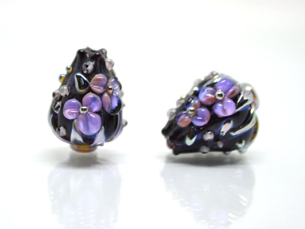 Purple black flower bouquet lampwork beads, Lampwork earrings DIY, SRA lampwork, Artisan lampwork, Designer beads, 17-21mm glass beads