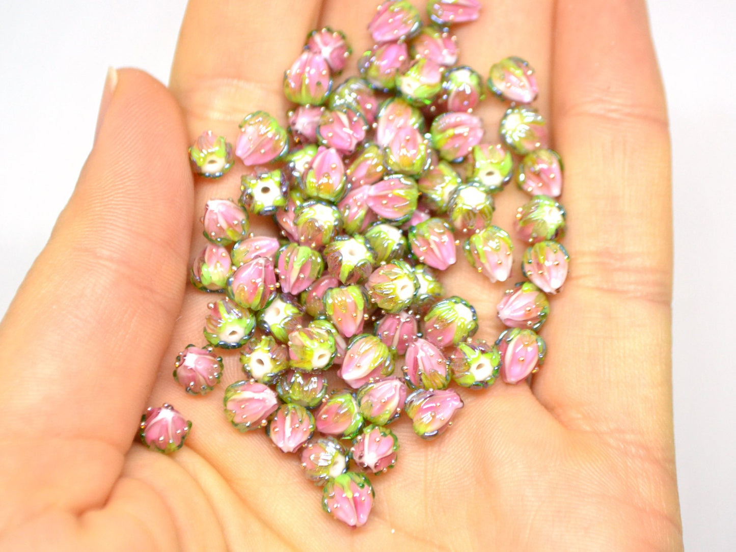 Light pink flower beads with green leaves, Tiny glass beads, through hole, 7mm flower beads, Artisan lampwork,