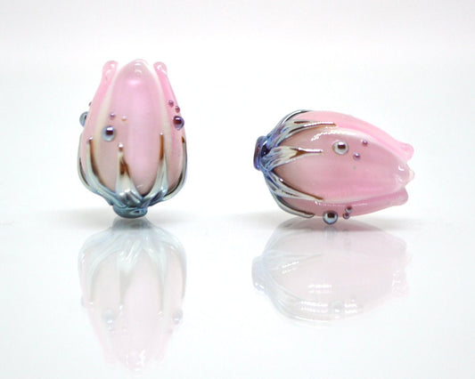 Milk pink and gold flower glass beads, Floral lampwork, Beads for jewelry, Artisan lampwork, Light pink beads, Handmade glass beads for you