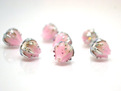 Tender Pale pink glass flower beads gold leaves, Artisan lampwork, 10mm flower bead, Pastel pink beads