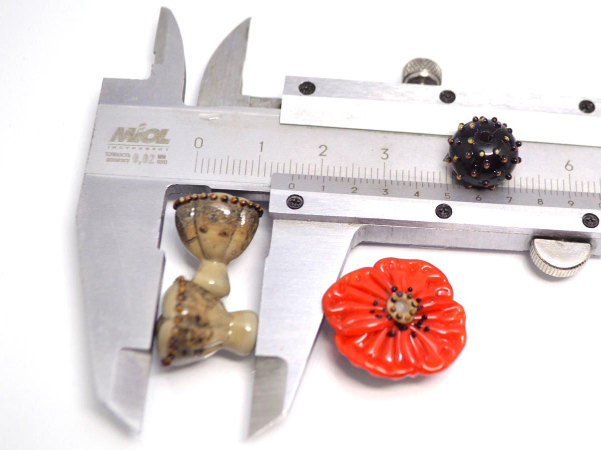 lampwork bead set Red flower glass bead  Floral Lampwork seed box bead artisan lampwork handmade red black bead jewelry making