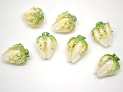 White flower beads with green leaves, Wedding jewelry making, Artisan Lampwork, DIY Earrings, Floral lampwork, Bridal jewelry making