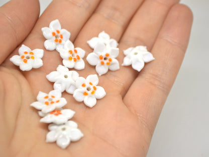 White orange glass flower beads, 5 Petals floral lampwork, Field flower bead, Meadow flowers, Artisan lampwork bead