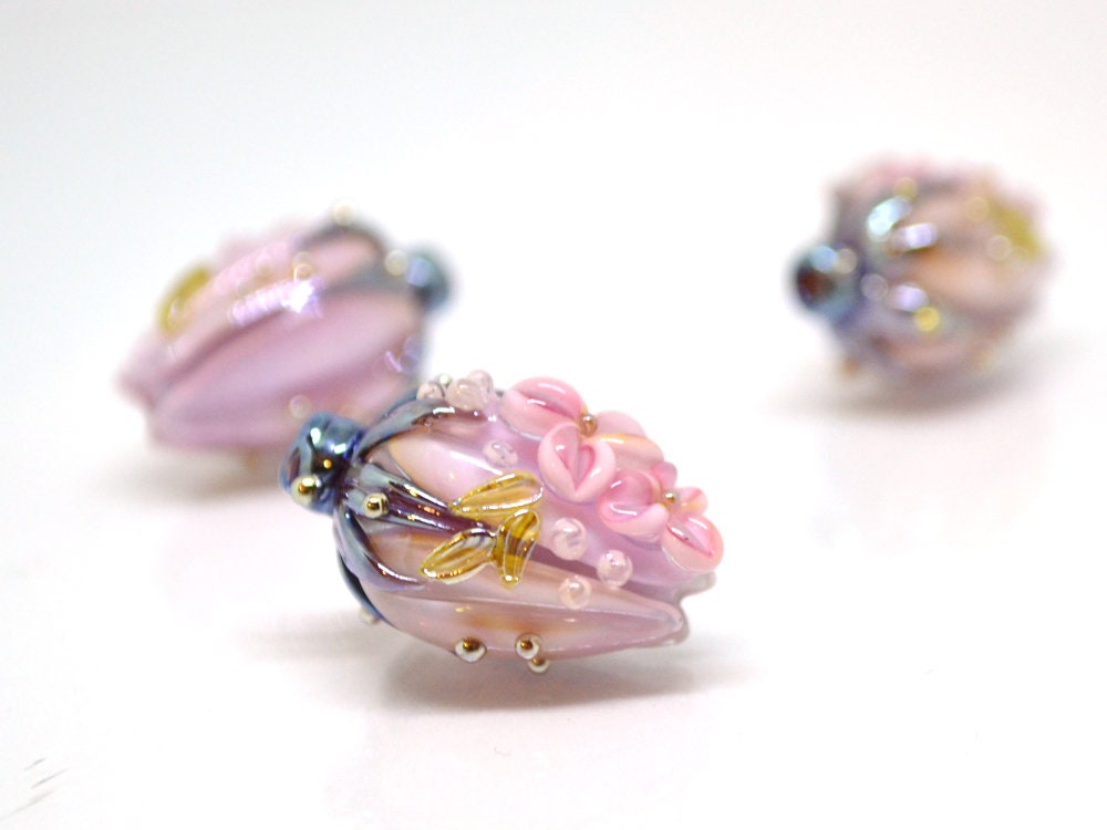 Glass flower bouquet on lampwork bud beads, Miniature glass flowers, Artisan lampwork, Light pink glass flower beads