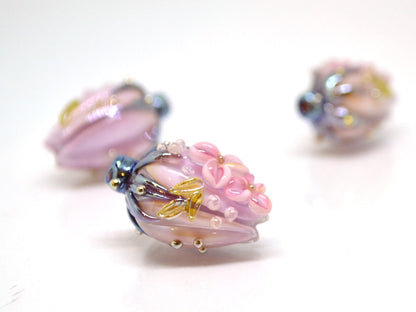 Glass flower bouquet on lampwork bud beads, Miniature glass flowers, Artisan lampwork, Light pink glass flower beads