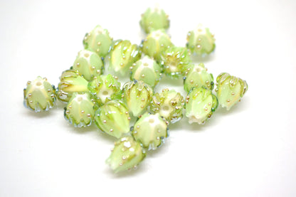 Mint green flower beads with gold leaves, Small glass beads, 7mm flower beads, Tiny lampwork beads