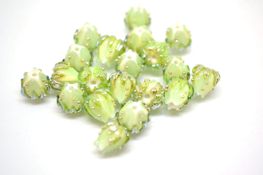 Mint green flower beads with gold leaves, Small glass beads, 7mm flower beads, Tiny lampwork beads