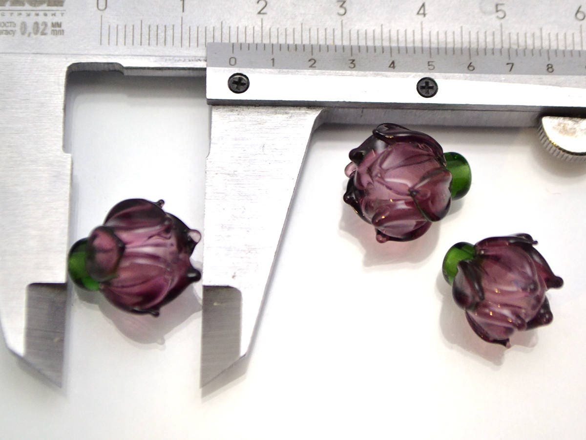 purple flower lampwork glass bud beads floral jewelry making set artisan lampwork earrings necklace violet amethyst transparent green