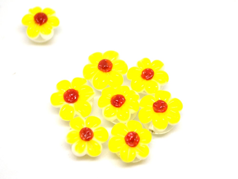 Yellow Chamomile beads, Lampwork Chamomile flower bead, Yellow and red beads, Lentils beads, Yellow floral lampwork