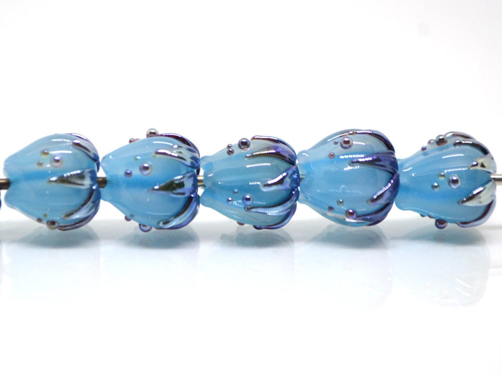 Pastel blue flower beads silver, 10mm glass beads, Flower lampwork bead, Floral lampwork, Artisan lampwork, Beads for Jewelry supplies, Bead