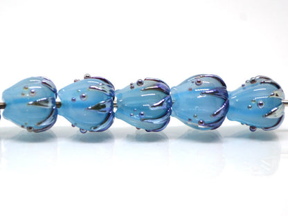 Pastel blue flower beads silver, 10mm glass beads, Flower lampwork bead, Floral lampwork, Artisan lampwork, Beads for Jewelry supplies, Bead