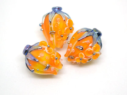 Light Orange flower bouquet lampwork beads, Honey yellow lampwork beads, SRA beads, Floral lampwork