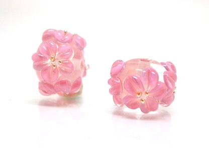 Pink flower beads, Clear Rondelle beads with flowers, Rondelle lampwork, Handmade lampwork, rondelle glass beads, lampwork spacer,Pink bead