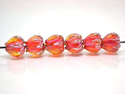 Red orange silver floral beads, Flower lampwork bead, 10mm flower beads, Lampwork flower glass beads, Artisan lampwork, bright glass beads