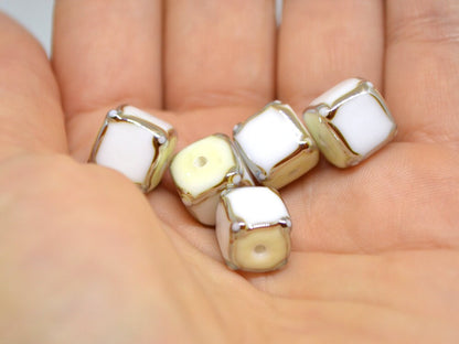 White silver square beads, White cube beads, White spacer beads, White lampwork beads, Geometric beads, cube beads 10mm, Artisan lampwork