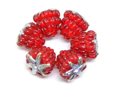 Red silver lampwork raspberry, Red glass berries, Gloss Lampwork beads, Berry glass beads, Lampwork Raspberries, Summer jewelry