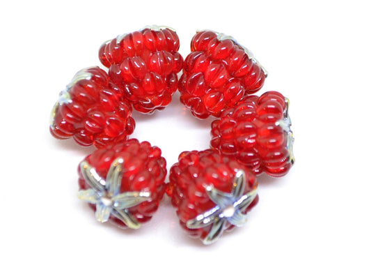 Red silver lampwork raspberry, Red glass berries, Gloss Lampwork beads, Berry glass beads, Lampwork Raspberries, Summer jewelry