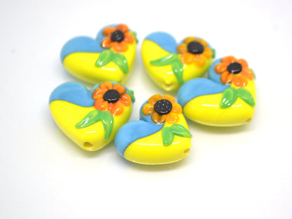 Yellow Blue Glass Heart, Lampwork Heart pendant, Heart with Sunflower, Ukraine symbol, Handmade lampwork, Stand with Ukraine